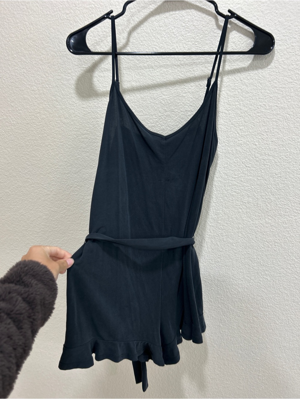 Black Spaghetti Strap Romper with Ruffle Hem